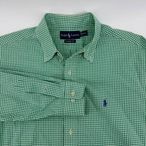 Ralph Lauren Button Down Shirt Mens 16.5 L Green Gingham Classic Fit Long Sleeve